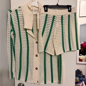 Amazon Cream and Green Knit Cardigan and Shorts Set